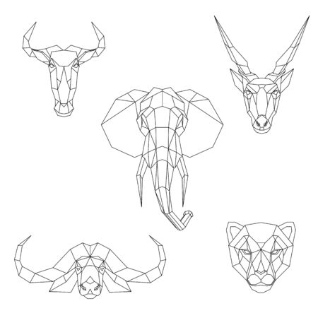 Polygonal set of African animals. Geometric heads of a blue wildebeest, cape buffalo, cheetah, eland antelope, elephant. Vector illustration.のイラスト素材