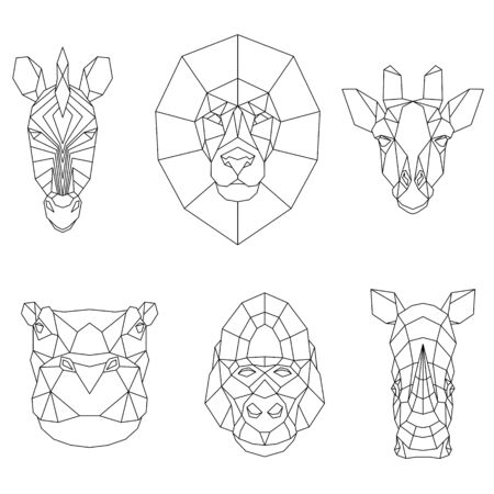 Polygonal set of African animals. Geometric heads of zebra, lion, giraffe, hippo, gorilla and rhino. Vector illustration.のイラスト素材