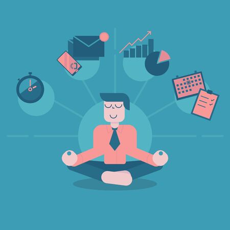 Businessman meditating, concept of time management, stress relief and problem solving. Man thinking about business in lotus pose. Vector illustration in flat styleのイラスト素材