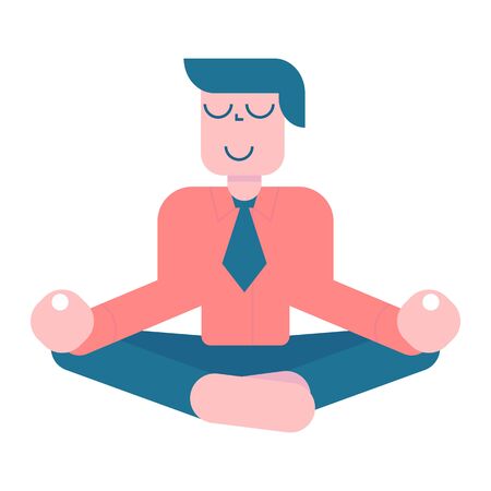 Office meditation. Businessman sitting in yoga lotus pose, relax and hovering in the air. Vector cartoon flat character isolated on white background.のイラスト素材