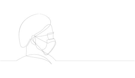 One continuous line drawing medical face mask. Concept of coronavirus. continuous single drawn one line surgeon hand-drawn picture silhouette. Line art. Doodle vector illustration.のイラスト素材