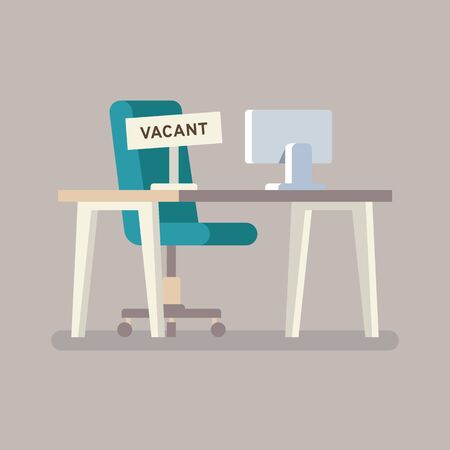 Composition with office chair Computer table and a sign vacant. Business hiring and recruiting concept. Vector illustration.のイラスト素材