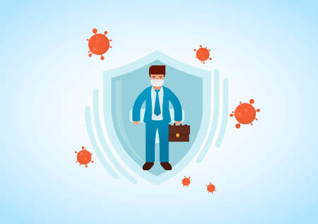 Businessman wearing virus protective medical mask and suit holding briefcase. Business protection from COVID-19 concept. Stop coronavirus spreading. Vector illustration.のイラスト素材