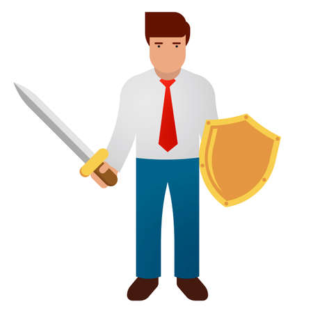 Businessman holding sword and golden shield. Business defending, hero, knight concept. Vector illustration.のイラスト素材