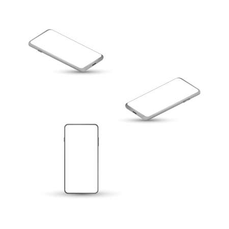 Smartphone frame less blank screen, rotated position. Mockup generic device. Vector smartphones set. Smartphone from different angles. Template for infographics or presentation 3D realistic phones.のイラスト素材