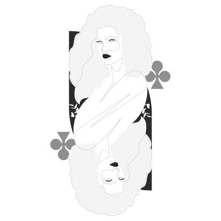 Queen of clubs one line illustration. Minimal design beautiful woman inspired by playing cards.のイラスト素材