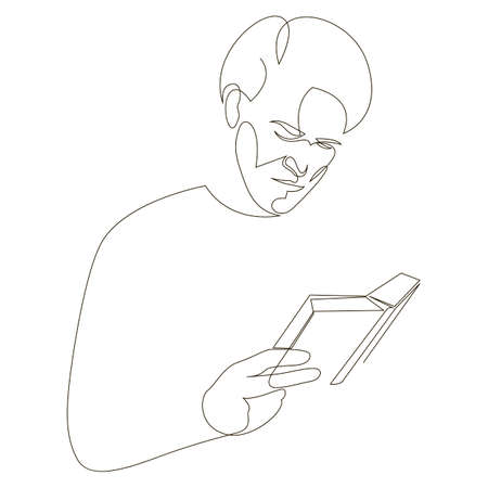 A man with a book in his hands, a student or a businessman. One line drawing. Vector object by hand on a white background.のイラスト素材