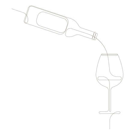 Continuous one line drawing of a wine bottle pouring wine into a glass. Wineglass contour vector illustration. EPS icon.のイラスト素材