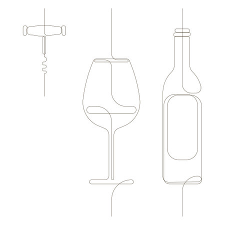 Continuous single drawn one line set of a bottle of wine, a glass and a corkscrew. Hand-drawn picture of a silhouettes. Wine line art collection.のイラスト素材