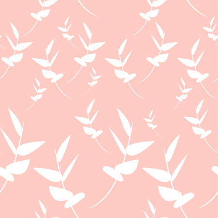 Scattered leaves seamless texture background. Simple summer vector pattern with pastel tree branches on a pink background. Light neutral backdrop and paper designのイラスト素材