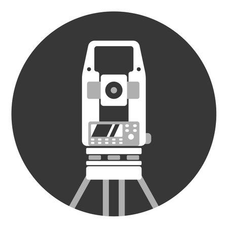 Theodolite on tripod. Geological survey, engineering vector flat style icon. Geodetic equipment. Geology research illustration, sign.のイラスト素材