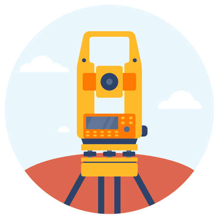 Geodetic optical measuring laser level device. Tachymeter, Theodolite with ground and clouds circle Icon. Vectorのイラスト素材