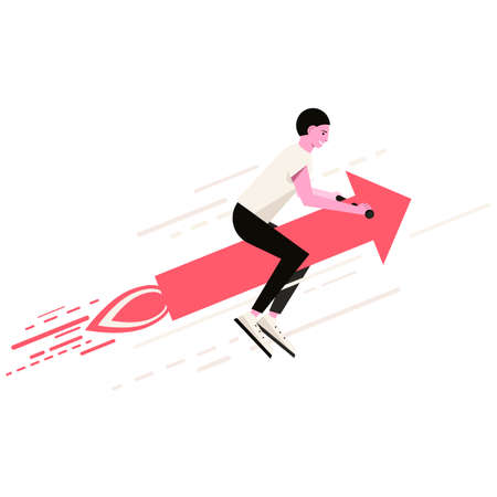 Businessman riding a flying arrow up. Development, Stock market rising, positive growing concept. Young positive confident businessman on development arrow meaning success in business. Vector.のイラスト素材