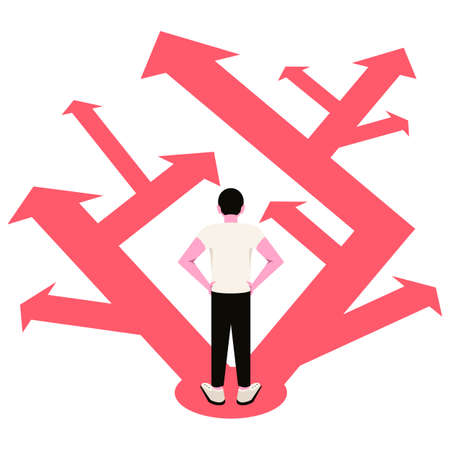 A man looks at arrows pointing to many directions. Making a decision business concept. Vector...