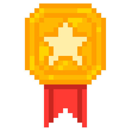Pixel golden medal with star icon. 8bit game styleのイラスト素材