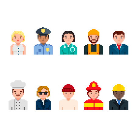 Pixel art characters avatar set. Professions pixel art people isolated design. Policeman, Doctor,...