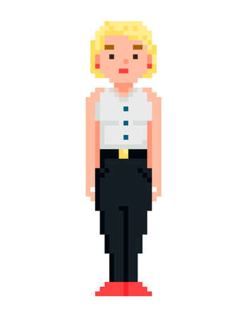 Pixel character vector, isolated woman wearing blouse. Blone character for video game.のイラスト素材