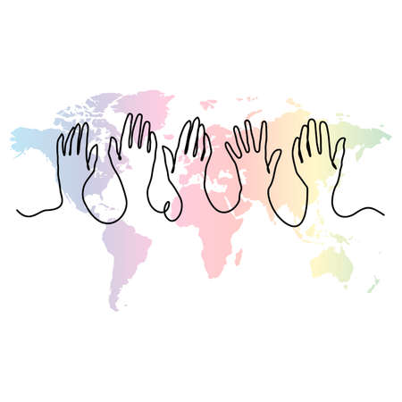 Raised hands on rainbow colored world map background. Continuous line art. Vector illustration.のイラスト素材
