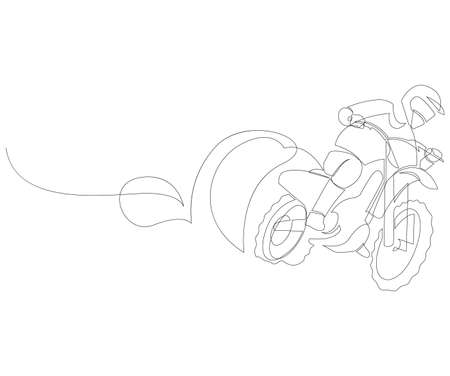 One single line drawing of young motocross rider conquer track obstacles at race track vector illustration. Extreme sport concept. Modern continuous line draw design for motocross race event bannerのイラスト素材