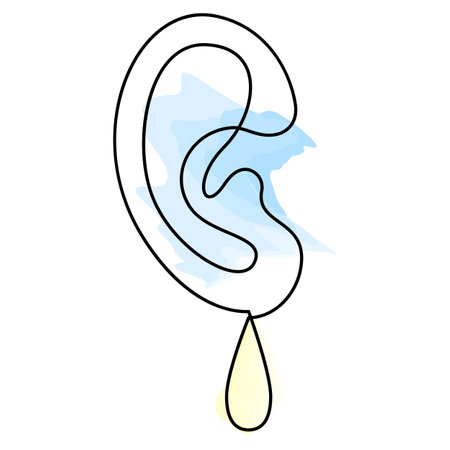 Ear with drop continuous line drawing. ear infections. Inflammation and fluid buildup. Otitis media. hearing loss. vector illustration.のイラスト素材