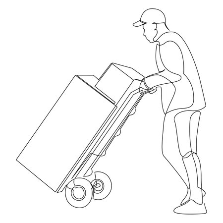 Delivery man carrying cardboard boxes on a trolley. delivery service concept. continuous line drawing vector illustrationのイラスト素材