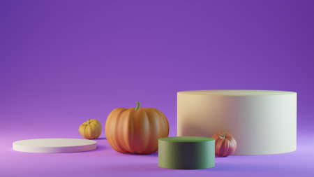 Halloween minimal scene 3d with pumpkins and podium platforms. Halloween background 3d rendering. Stand to show products. Stage showcase on pedestal.の写真素材