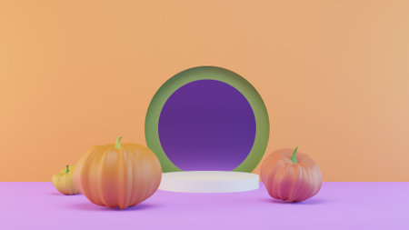 Halloween minimal scene 3d with pumpkins and podium platform. Halloween background 3d rendering. Stand to show products. Stage showcase on pedestal.の写真素材