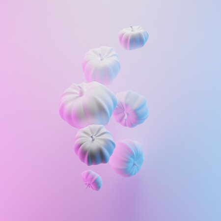 Flying white halloween pumpkins with neon lights on white background. 3d rendering holiday decoration.の写真素材
