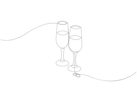 Continuous line drawing of two glasses with champagne and wedding rings. Minimalist one line drawing style.のイラスト素材