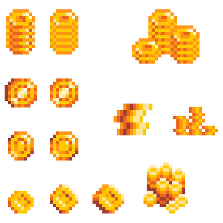 Pixel art money and stack of coins. Pixel wallet bills, golden coins. Pixel game money icons in retro 80s - 90s style. vector icon setのイラスト素材