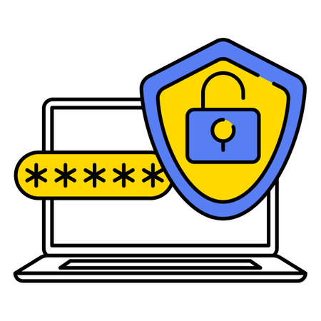 Data protection, internet security concept. network secure. Shield lock, laptop computer screen. Padlock login password. Flat design template for website mobile app. line vector illustrationのイラスト素材