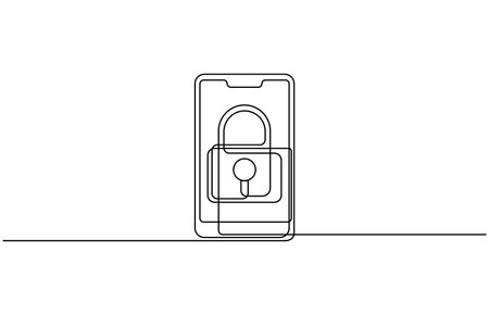 Continuous line drawing of smartphone with security lock on screen. vector illustrationのイラスト素材