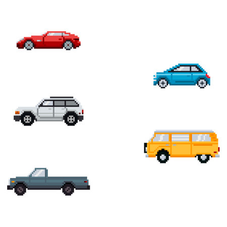 Set of different pixel art cars. Vector illustration.のイラスト素材