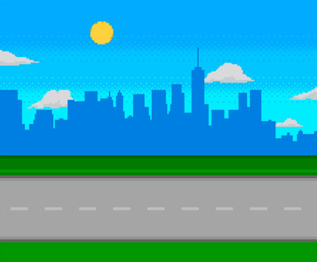 Pixel art game road with city on background.のイラスト素材