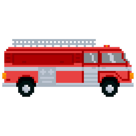 Pixel Fire Truck. Side view. Vector illustration.