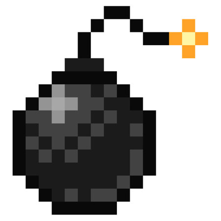 Black bomb pixel art. Flaming cannonball retro game style logo. Vector illustration.のイラスト素材