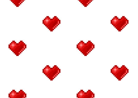 Pixel hearts background in retro video game style. 8-bit geek hearts for Valentines Day seamless pattern. vector templateのイラスト素材