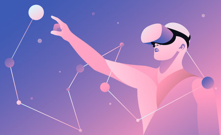 Vector illustration of a man in virtual reality glasses. future technology.のイラスト素材