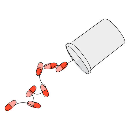 Opened medical pill box with falling pills continuous single line drawing. Capsule bottle minimalist drawn in one line art style. vector illustrationのイラスト素材