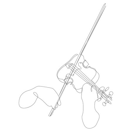Violinist one continuous line art drawing vector illustration. Person playing violin isolated on white backgroundのイラスト素材