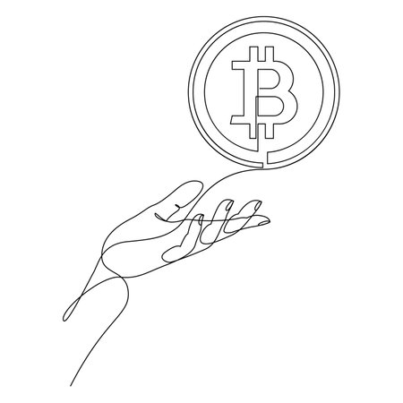 Continuous single line drawing of hand holding bitcoin. Cryptocurrency, finance and business concept drawn in one line art. vector illustrationのイラスト素材