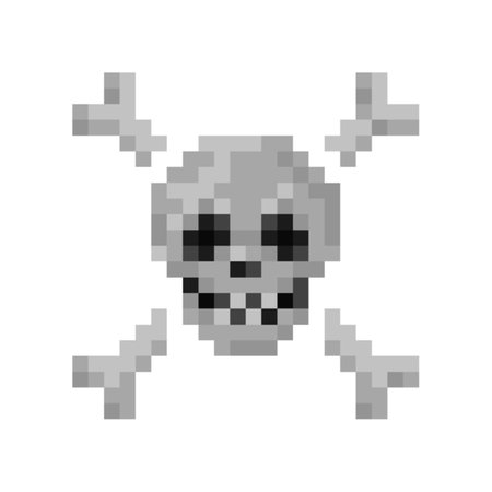 Skull with crossbones pixel illustration. 8 bit pirate symbol icon or caution sign. Vector.のイラスト素材
