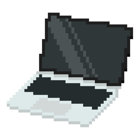 Pixel art laptop isolated on white background. Opened notebook with blank display. Isometric pc vector illustration.のイラスト素材