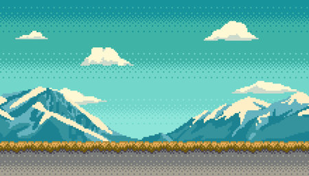 Pixel art background. Scene with snowy mountains, grass and clouds. Landscape for game or application. Retro video arcade style vector illustration.のイラスト素材