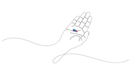 Continuous single line drawing of hand holding pill or capsule, medicine. Hand holding tablet, one line art style. Vector illustration on white background.のイラスト素材
