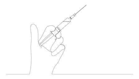 Hand holding syringe with needle continuous one line drawing. Vaccination, health care injection concept drawn by single line. Vector illustration.のイラスト素材