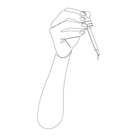 Continuous one line drawing of hand holding glass pipette. Cosmetics, oils or medical drops. Skin care concept drawn by single line. Vector illustration.のイラスト素材