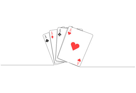 Single continuous line drawing set of four aces playing cards suits. Four of a kind aces poker hand....