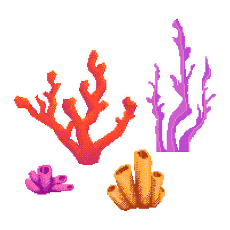 Pixel coral and seaweed set for 8-bit retro style video game or mobile appのイラスト素材