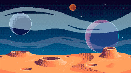 Pixel art planet surface background. Cosmic game location. Outer space seamless vector illustrationのイラスト素材